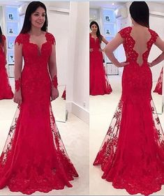 Prom Dresses Elegant, Red Column/Sheath Long Sleeves Lace Prom Dresses   cg7630