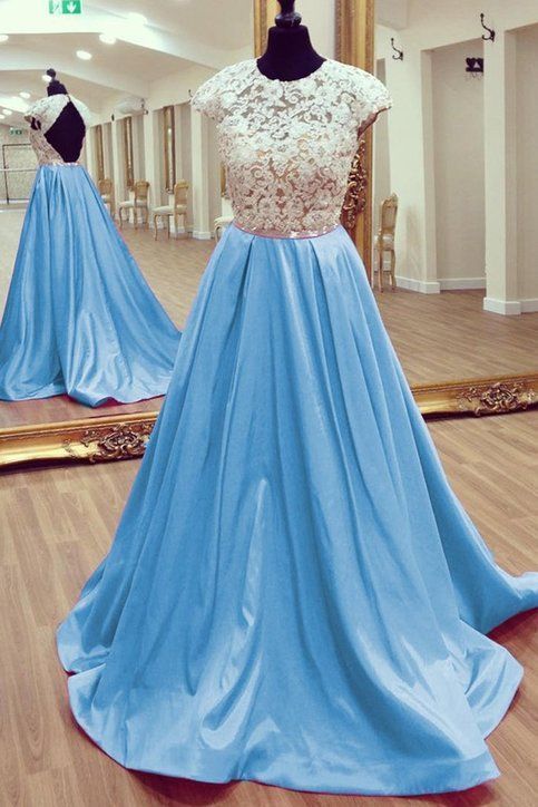 Light blue chiffon lace top backless A-line long dresses,prom dresses cap sleeve  cg7636