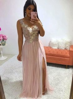 Elegant Illusion Neck Pink Split Sleeveless Prom Party Dress with Appliques Pearls   cg7639
