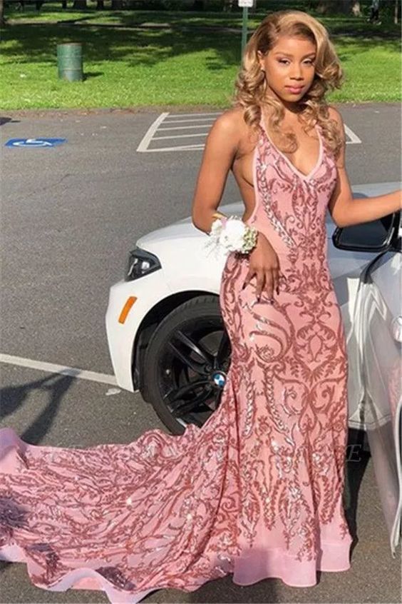 Elegant Mermaid Deep-V-Neck Halter Sleeveless Appliques Prom Dresses  cg7640