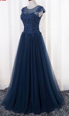 Navy Blue Tulle Long Prom Gowns, Blue Prom Dresses, Formal Dresses  cg7642