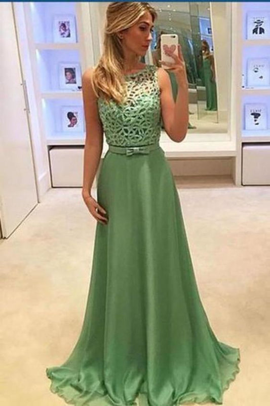 Simple green chiffon round-neck formal prom dress  cg7651