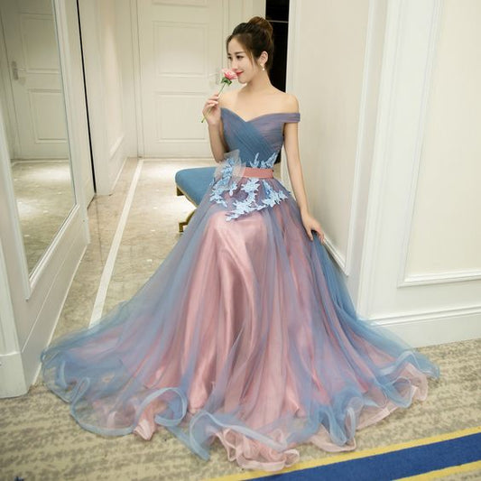 Gray blue prom dress, tulle prom dress, off shoulder prom dress, gray blue evening dress  cg7653