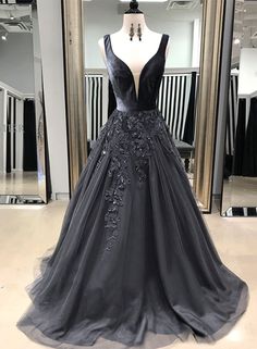 Black v neck tulle long a line prom dress, black evening dress  cg7657