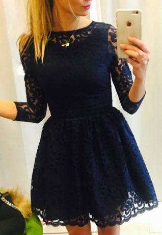 A-Line Bateau 3/4 Sleeves Navy Blue lace Homecoming Dress cg766