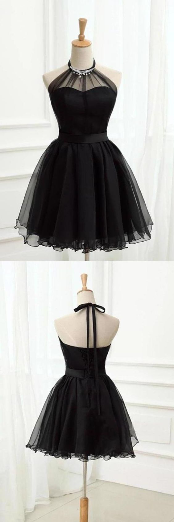 Cute Halter Black Tulle Sleeveless Beads Short Homecoming Dresses  cg7661