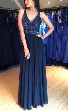 A Line V Neck Lace up Navy Blue Chiffon Long Prom Dresses with Beads Party Dresses  cg7666