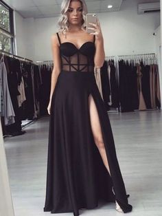 Glamorous A-Line Sweetheart Open Back See through Black Satin Long Prom Dresses  cg7667