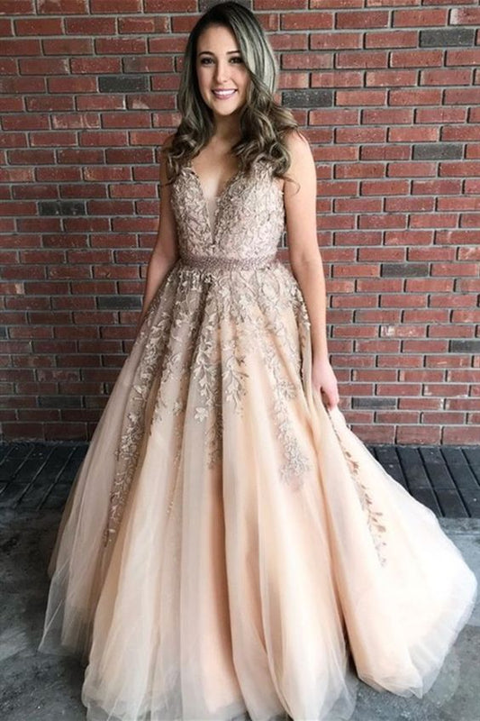 A-Line V-Neck Champagne Tulle Prom Dress with Beading Appliques  cg7671