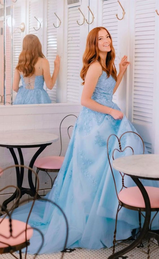 A Line Spaghetti straps Light Blue Prom Dress With Appliques  cg7672