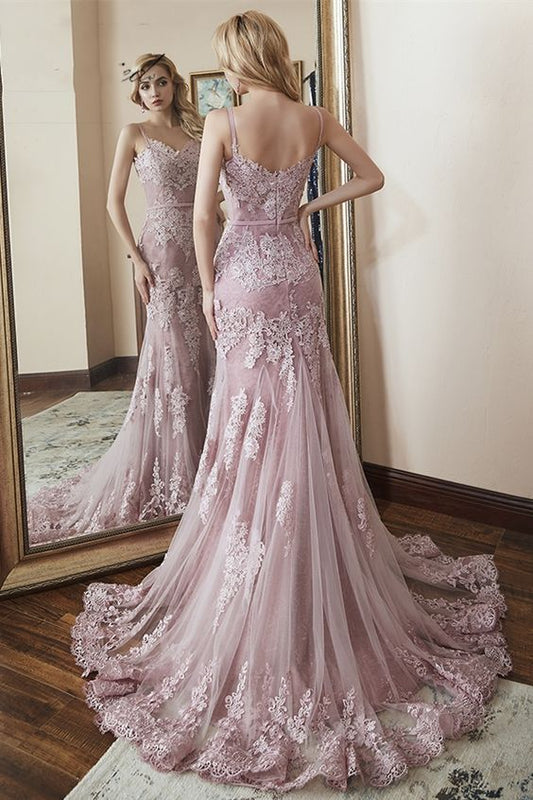 Princess Pink Tulle Mermaid Long Prom Dress with Lace Appliques  cg7674