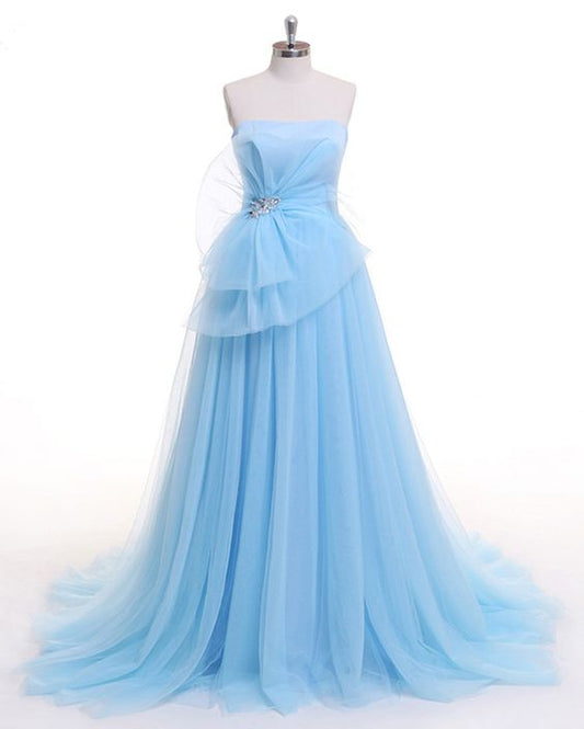 Light Blue Tull Strapless Long Beaded Evening Dress, Long Prom Dress  cg7680