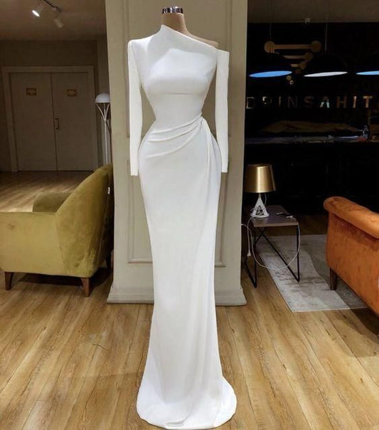 White evening dresses long sleeve modest simple mermaid elegant cheap formal prom dresses  cg7683