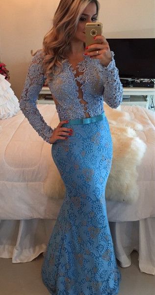 Prom Blue Fit To Flare Long Sleeves Floor Evening Dress  cg7696