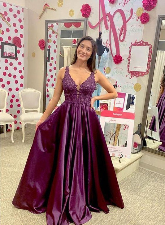 Purple v neck satin lace long prom dress, evening dress  cg7710