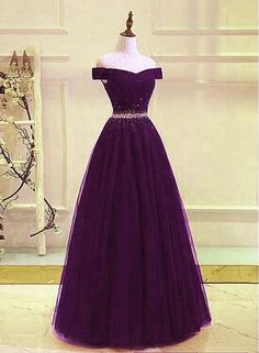Beautiful Dark Purple Beaded Tulle Prom Gown, Off Shoulder Prom Dress  cg7714