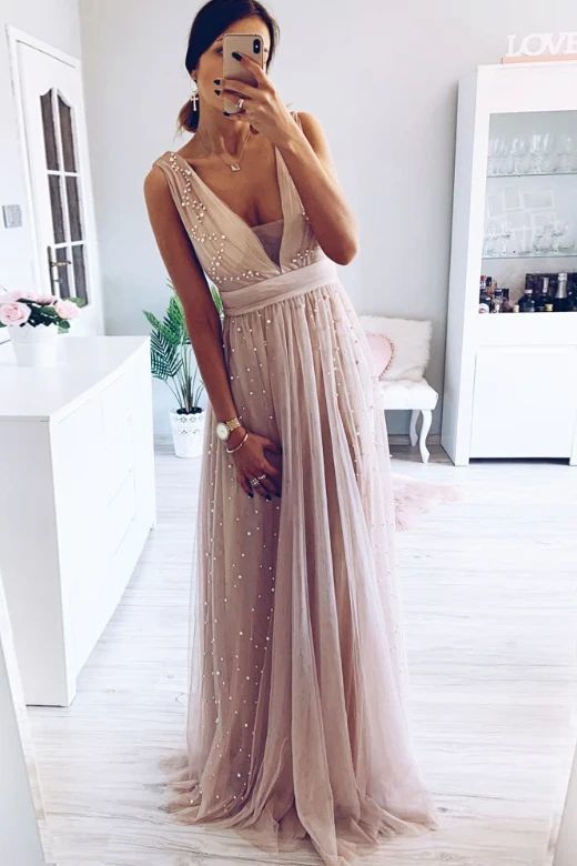Elegant A-Line V Neck Blush Long Prom Dress  cg7721