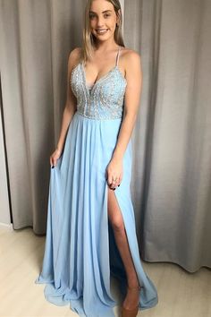 Blue Long Prom Dress with Slit Beaded Top  cg7723