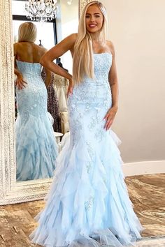 Light Blue Mermaid Lace Appliques Prom Dress with Ruffles, Strapless Long Evening Dress  cg7729
