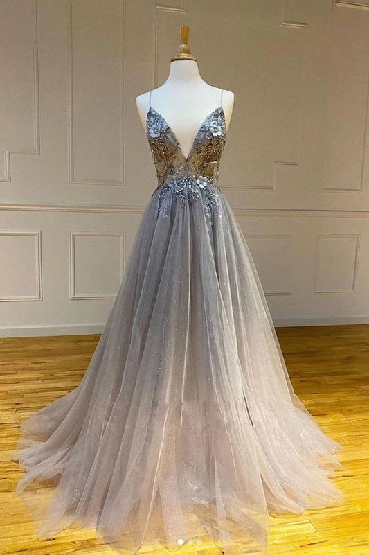 Gray Tulle Dress V Neck Long A Line Customize Prom Dress Sequins Dress  cg7741