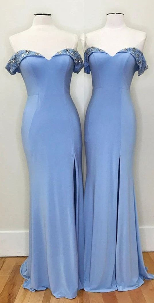 Gorgeous Off the Shoulder Mermaid Blue Long Evening prom Dress with Side Slit  cg7742