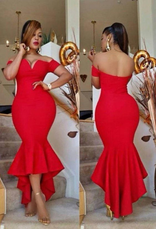 Gorgeous Red Ruffled Off-the-Shoulder Mermaid/Trumpet Satin Prom Dresses  cg7747