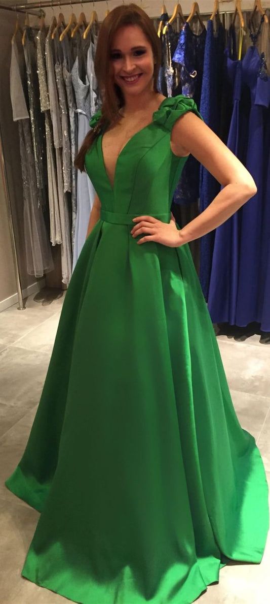 elegant green satin prom dress with pleated, fashion A-Line v-neck green party dress with pleated  cg7749