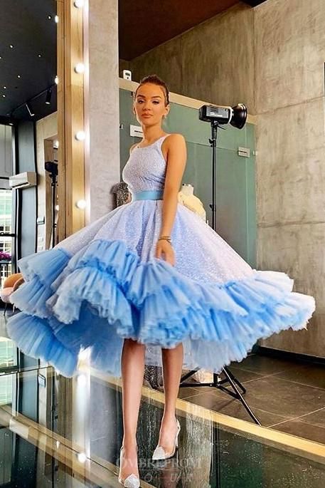 Sparkly Light Blue Bateau Ball Gown Short Backless Prom Dress  cg7761