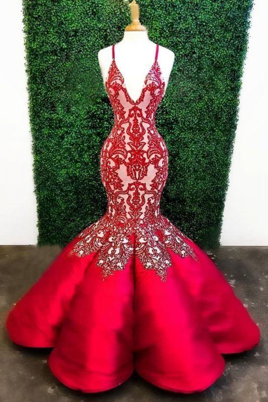 Deep V Neck Lace Appliques Cheap Long Red Prom Dresses   cg7762