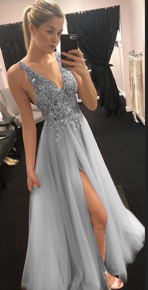 gray party prom dress long with slit  cg7769