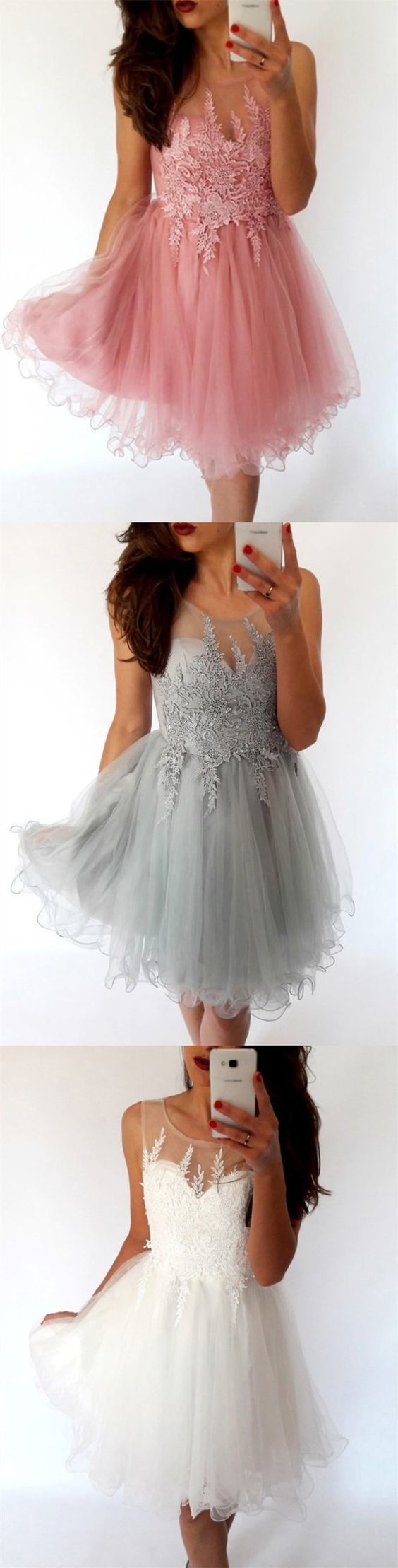 A-Line Illusion Neck Knee-Length Homecoming Dress with Appliques cg777