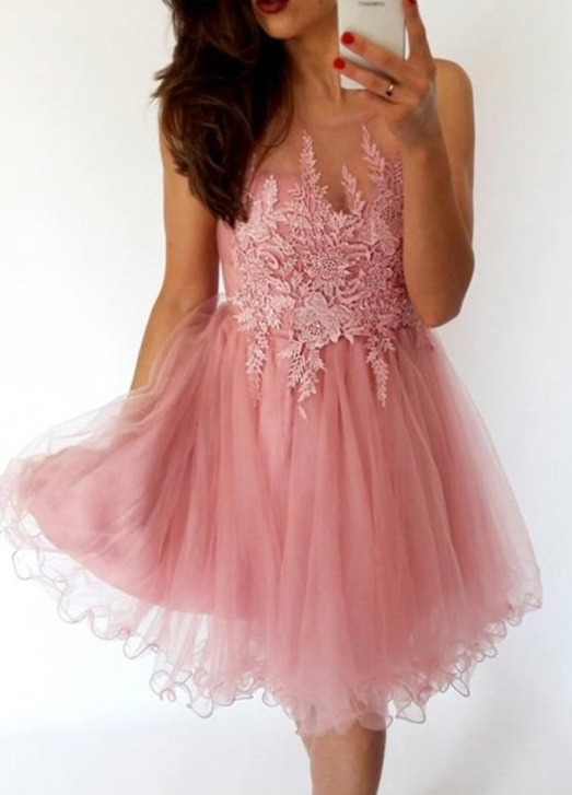 A-Line Illusion Neck Knee-Length Homecoming Dress with Appliques cg777