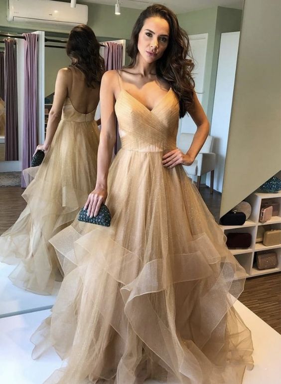 gold tulle long prom dress, evening dress, formal dress  cg7779