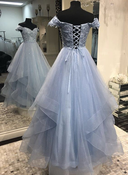 Blue tulle lace long prom dress, evening dress  cg7787