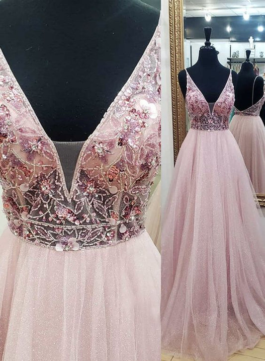 Pink v neck tulle beads prom dress evening dress  cg7794