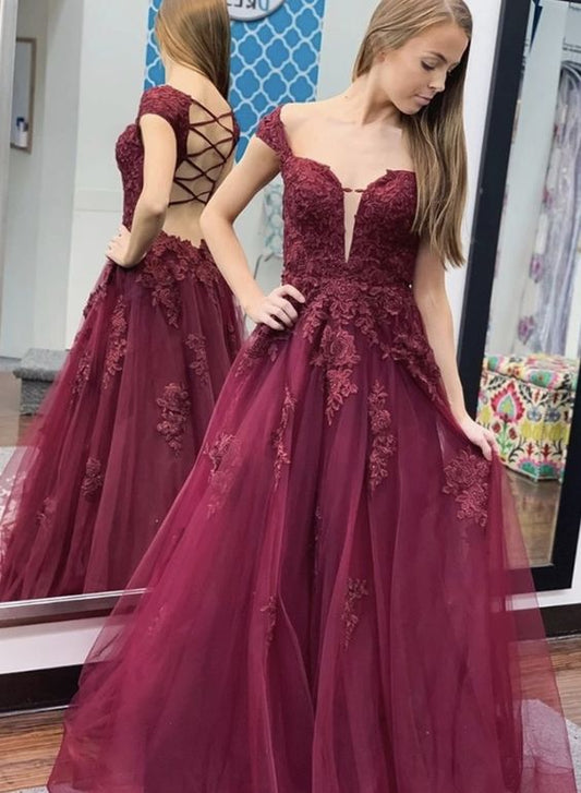 Burgundy lace long prom dress evening dress  cg7800