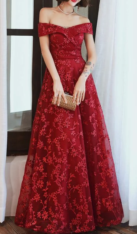 Dark Red Lace Off Shoulder Bridesmaid Dress, Long Prom Dress  cg7803