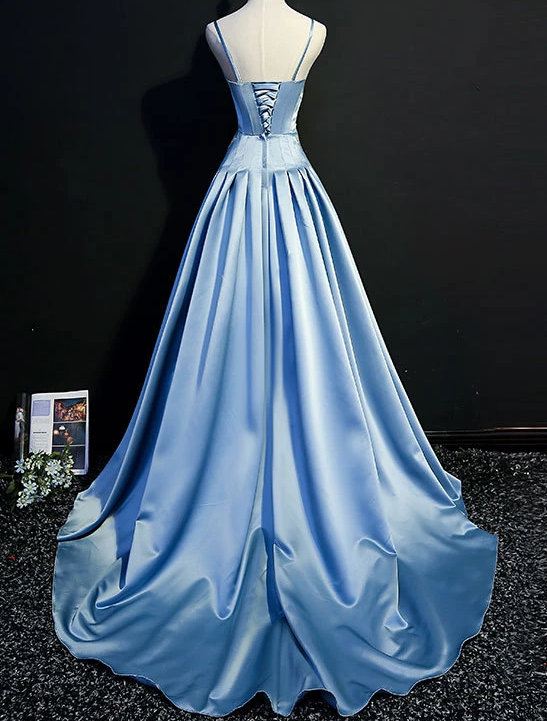 Blue Sweetheart Satin Long Party Gown With Straps, Blue Prom Dress 2020  cg7805