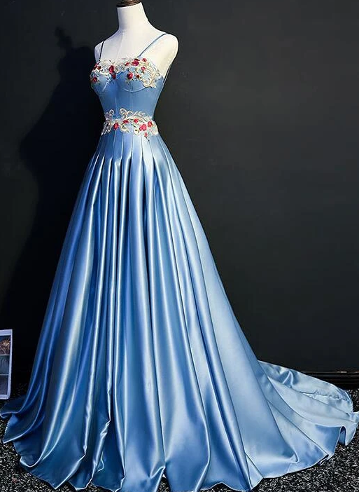 Blue Sweetheart Satin Long Party Gown With Straps, Blue Prom Dress 2020  cg7805