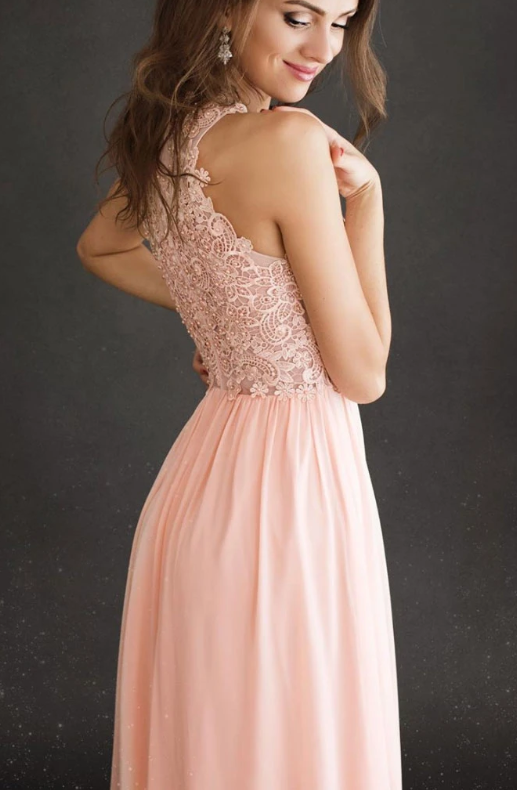 Pink round neck chiffon long prom dress lace pink evening dress  cg7817