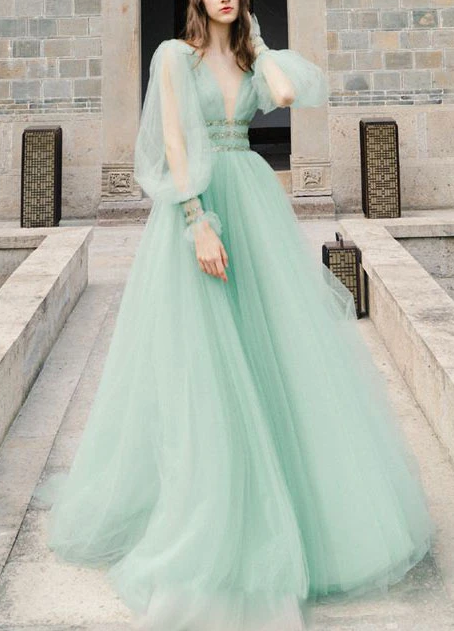 GREEN V NECK TULLE LONG PROM DRESS GREEN EVENING DRESS  cg7827