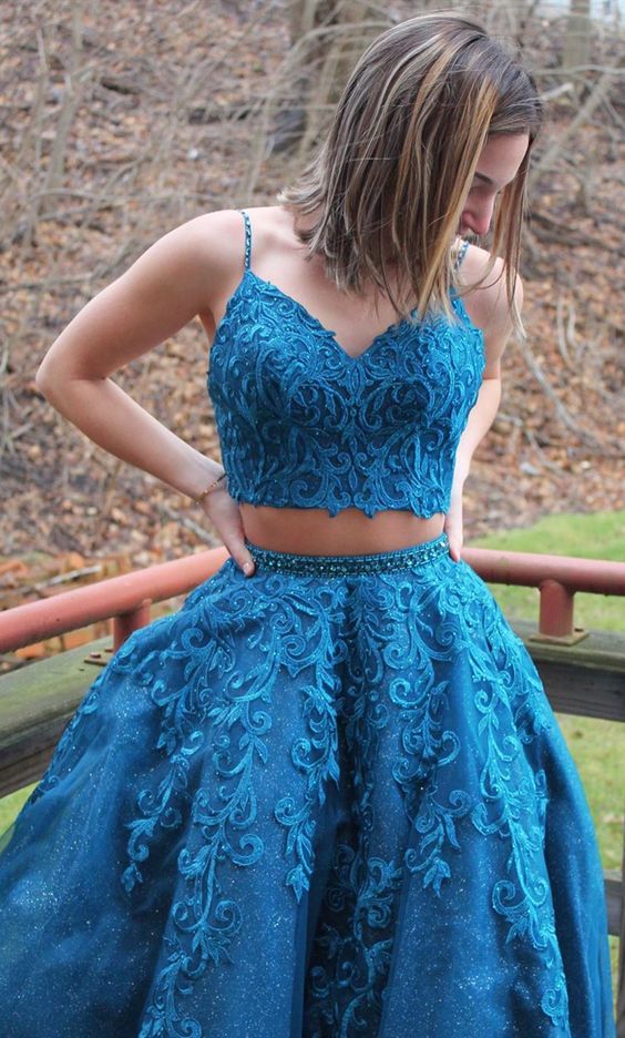 two piece long prom dresses, blue lace prom gowns, fashion prom dresses for teens   cg7843