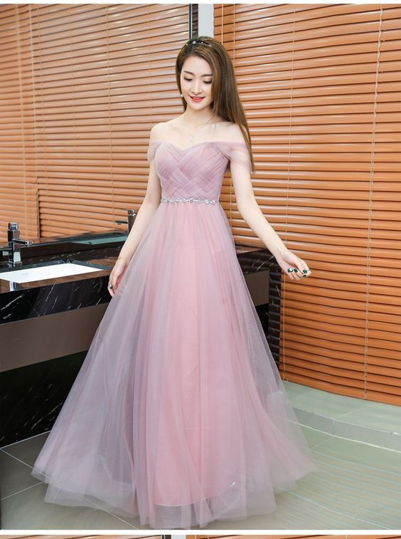 Pink Long Bridesmaid Dress Sweetheart Tulle Pleated Prom Dresse  cg7847