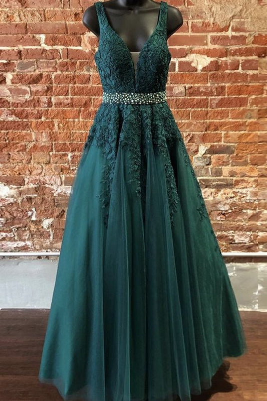 Deep Green Tulle Lace V Neck Long Prom Dress Formal Dress  cg7848