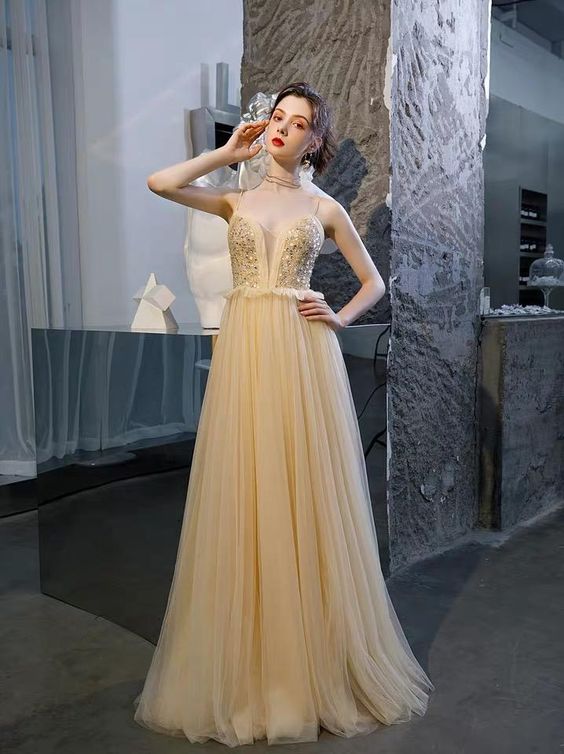 Champagne party dress spaghetti straps evening dress backless long prom dress tulle beads formal dress  cg7851