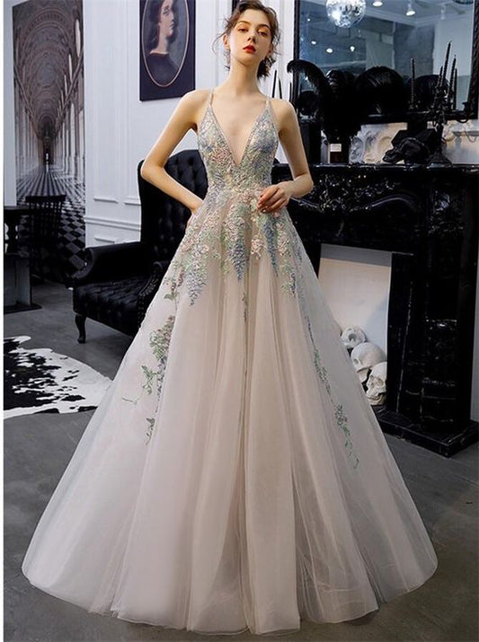 A-Line Tulle Long Prom Dresses Backless Evening Gown With Appliques  cg7881