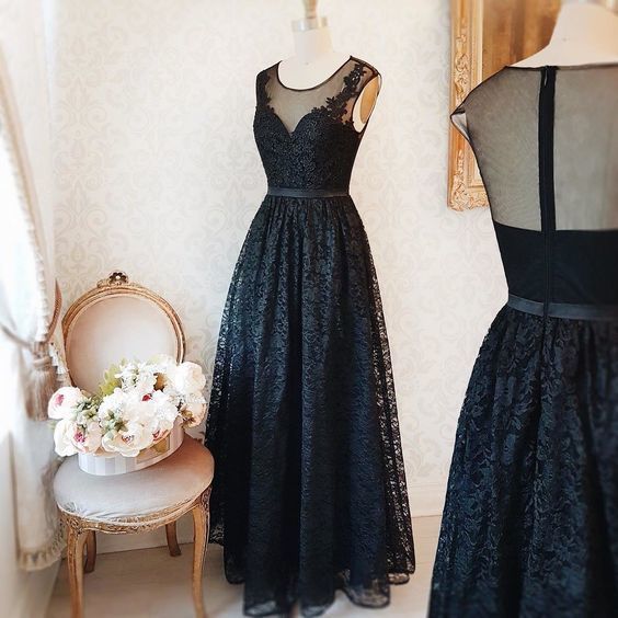 Cheap prom dresses black, lace, a-line, long, O-neck, formal dress, evening dress, prom dress.  cg7918
