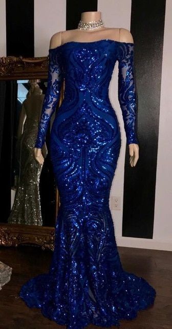 Sparkly Sequined Mermaid Prom Dresses Royal Blue Long Sleeve Graduation Formal Dress Evening Gowns  cg7945