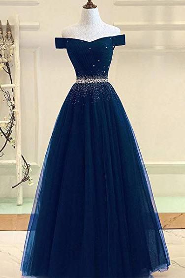 A Line Off the Shoulder Tulle Dark Blue Beads Prom Dresses Long Cheap Evening Dress  cg7959