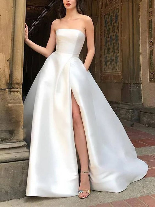 Sweet Strapless Pure Colour High-Waisted Slit Dress  cg7961